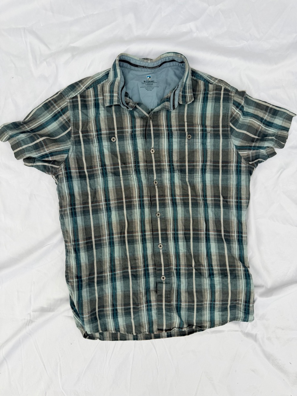 Kuhl Teal, Gray and Brown Plaid Short-Sleeve Button-Up Shirt